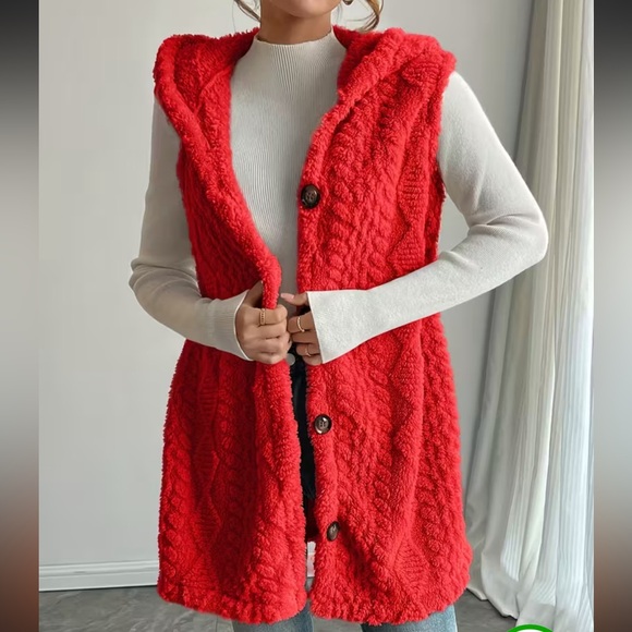 ❤️Cozy Red Button-Up Cardigan Vest - Picture 3 of 12
